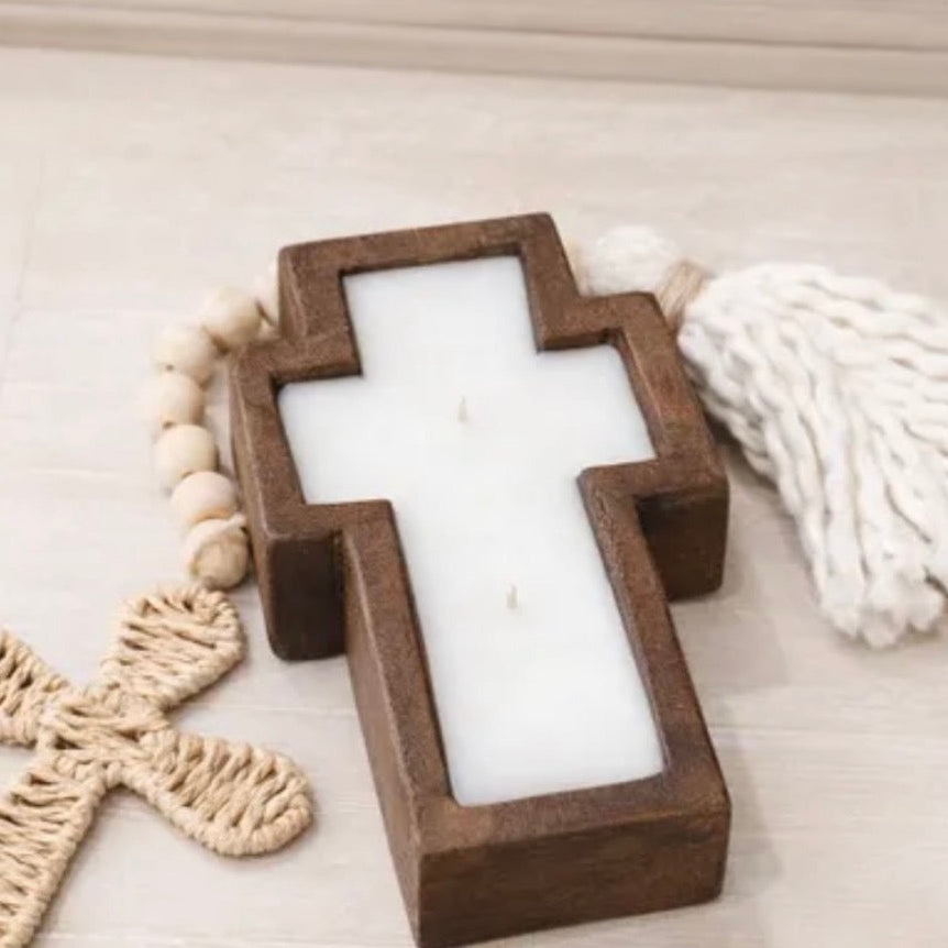 Petite Wooden Cross Dough Bowl Candle